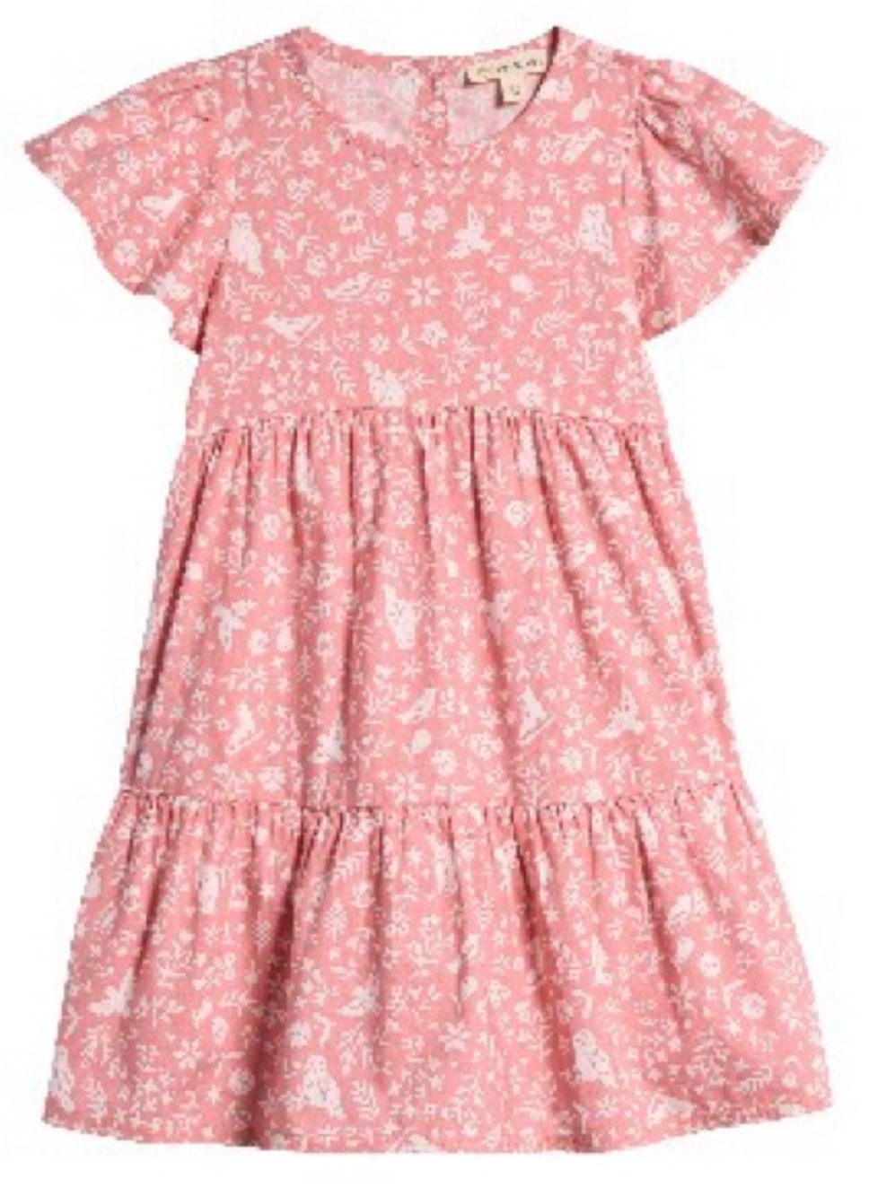 Tucker + Tate. Flutter Sleeve Tiered Cotton Dress. Pink & White Woodland. 8.